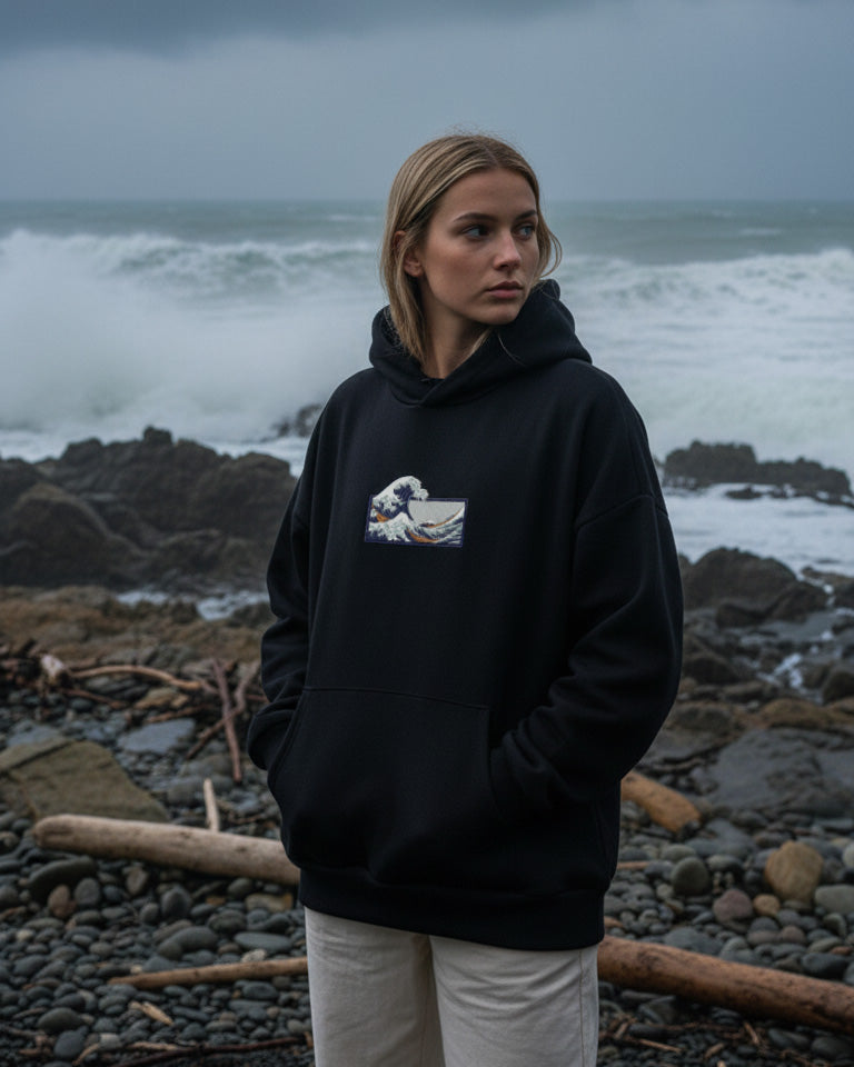 The Great Wave Off Kanagawa - Embroidered - Oversized Hoodie